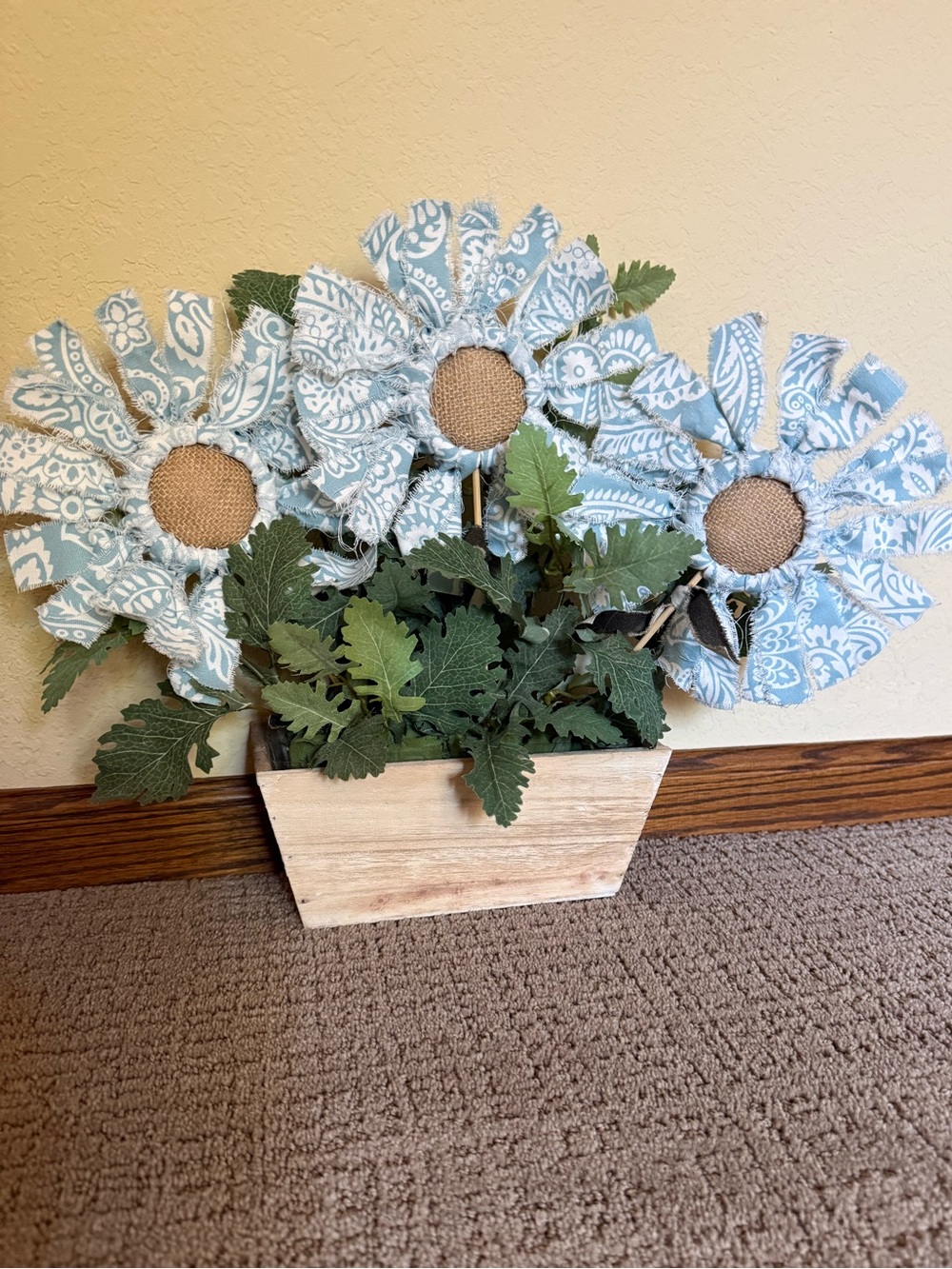 Blue Paisley Fabric Sunflower Arrangement in Wood Planter - Picture 4 of 11